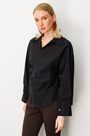 Ekol Kadın Önü Drapeli Kruvaze Gömlek 3043 Siyah