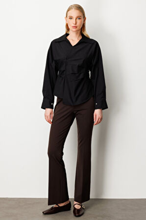 Ekol Kadın Önü Drapeli Kruvaze Gömlek 3043 Siyah