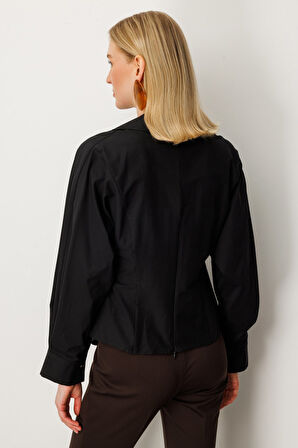 Ekol Kadın Önü Drapeli Kruvaze Gömlek 3043 Siyah