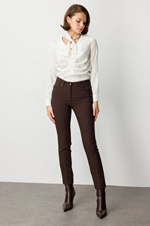 Ekol Kadın Dar Paça Kumaş Pantolon 1007 Kahverengi