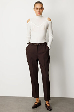 Ekol Kadın Beli Kemerli Dar Paça Pantolon 1013 Kahverengi