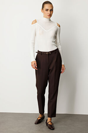 Ekol Kadın Beli Kemerli Dar Paça Pantolon 1013 Kahverengi