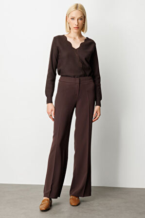 Ekol Kadın Krep Kumaş Bol Paça Pantolon 1031 Kahverengi