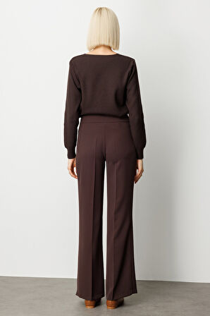 Ekol Kadın Krep Kumaş Bol Paça Pantolon 1031 Kahverengi