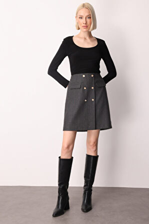 Ekol Kadın Beli Lastikli Süs Düğmeli Mini Etek 2019 Siyah