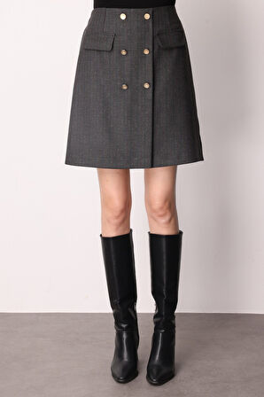 Ekol Kadın Beli Lastikli Süs Düğmeli Mini Etek 2019 Siyah