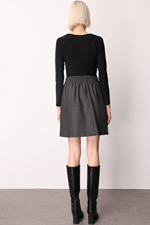 Ekol Kadın Beli Lastikli Süs Düğmeli Mini Etek 2019 Siyah