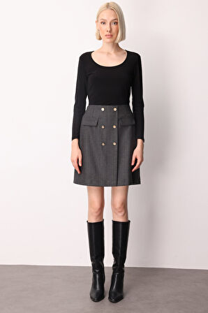 Ekol Kadın Beli Lastikli Süs Düğmeli Mini Etek 2019 Siyah