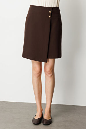 Ekol Kadın Asimetrik Kesim Süs Düğmeli Mini Etek 2007 Kahverengi