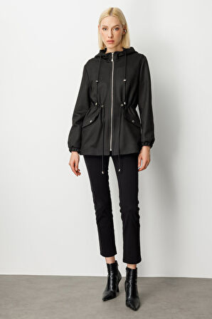 Ekol Kadın Kapüşonlu Kapak Cepli Trenç 7043 Siyah