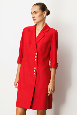 Ekol Kadın Kruvaze Yaka Düğmeli Elbise 4009 Kırmızı