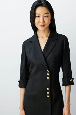 Ekol Kadın Kruvaze Yaka Düğmeli Elbise 4009 Siyah