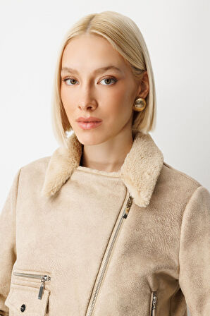 Ekol Kadın Peluşlu Güderi Mont 8011 Kum