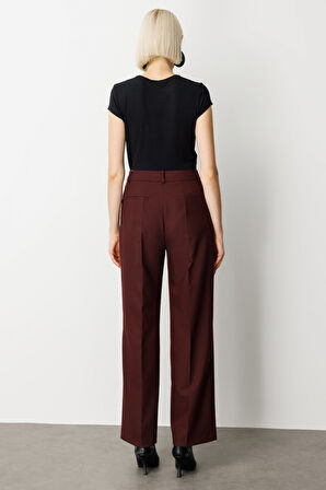 Ekol Kadın Yüksek Bel Bol Paça Pantolon 5019 Bordo