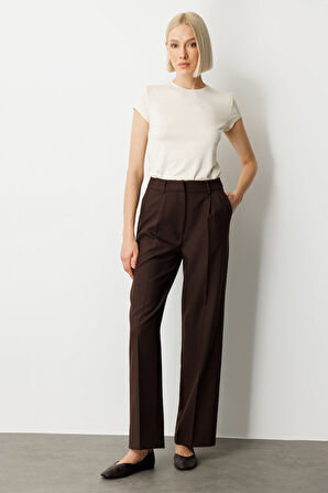 Ekol Kadın Yüksek Bel Bol Paça Pantolon 5019 Kahverengi