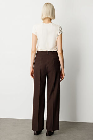 Ekol Kadın Yüksek Bel Bol Paça Pantolon 5019 Kahverengi