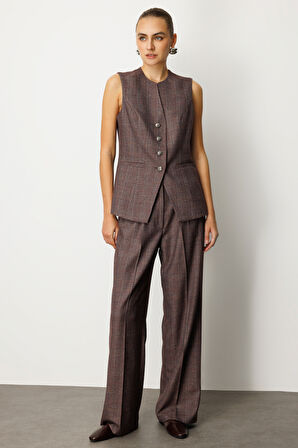 Ekol Kadın Ekoseli Fleto Cepli Yelek 5165 Bordo