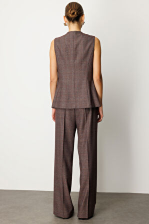 Ekol Kadın Ekoseli Fleto Cepli Yelek 5165 Bordo