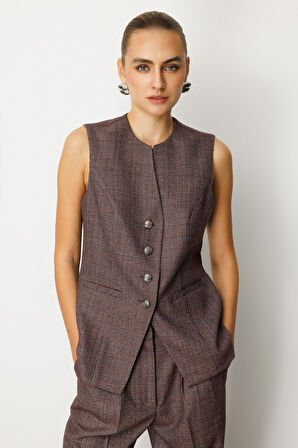 Ekol Kadın Ekoseli Fleto Cepli Yelek 5165 Bordo