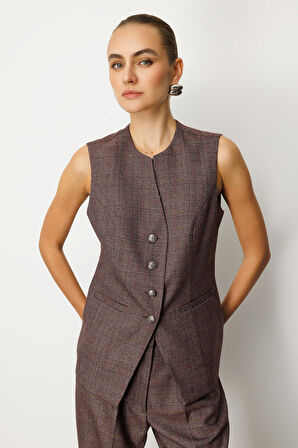 Ekol Kadın Ekoseli Fleto Cepli Yelek 5165 Bordo