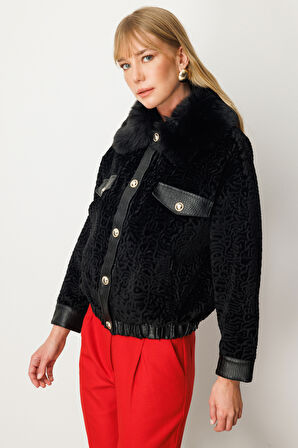 Ekol Kadın Yakası Kürklü Deri Detaylı Mont 6611 Siyah