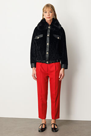 Ekol Kadın Yakası Kürklü Deri Detaylı Mont 6611 Siyah