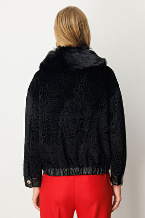 Ekol Kadın Yakası Kürklü Deri Detaylı Mont 6611 Siyah
