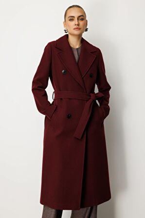 Ekol Kadın Beli Kuşaklı Kruvaze Yaka Kaban 6063 Bordo