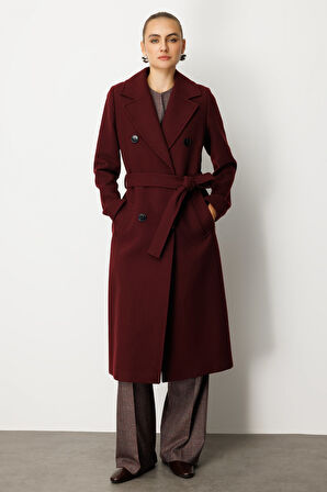 Ekol Kadın Beli Kuşaklı Kruvaze Yaka Kaban 6063 Bordo