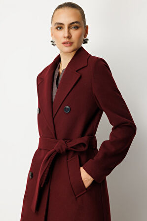 Ekol Kadın Beli Kuşaklı Kruvaze Yaka Kaban 6063 Bordo