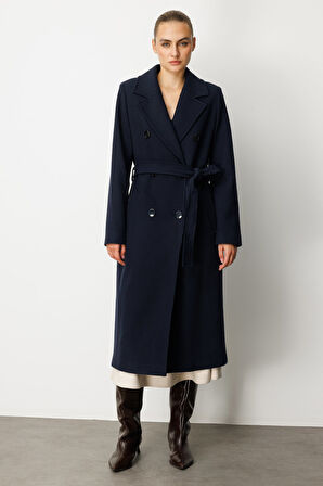 Ekol Kadın Beli Kuşaklı Kruvaze Yaka Kaban 6063 Lacivert