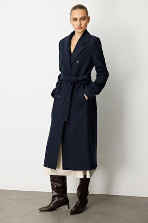 Ekol Kadın Beli Kuşaklı Kruvaze Yaka Kaban 6063 Lacivert