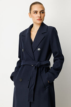 Ekol Kadın Beli Kuşaklı Kruvaze Yaka Kaban 6063 Lacivert