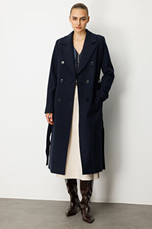 Ekol Kadın Beli Kuşaklı Kruvaze Yaka Kaban 6063 Lacivert