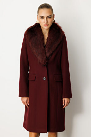 Ekol Kadın Yakası Kürklü Kapak Cepli Kaban 6065 Bordo