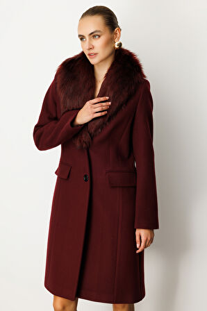 Ekol Kadın Yakası Kürklü Kapak Cepli Kaban 6065 Bordo