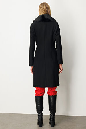 Ekol Kadın Yakası Kürklü Kapak Cepli Kaban 6065 Siyah