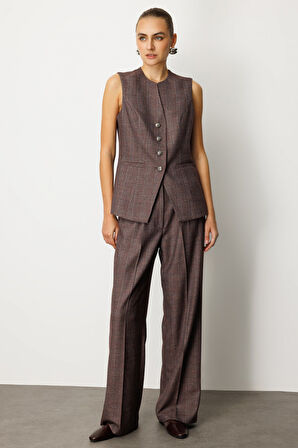 Ekol Kadın Ekoseli Bol Paça Pantolon 5167 Bordo