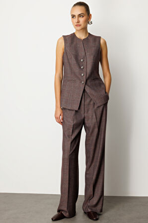 Ekol Kadın Ekoseli Bol Paça Pantolon 5167 Bordo