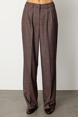 Ekol Kadın Ekoseli Bol Paça Pantolon 5167 Bordo