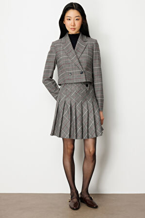 Ekol Kadın Ekoseli Crop Ceket 5075 Siyah