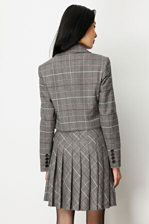 Ekol Kadın Ekoseli Crop Ceket 5075 Siyah