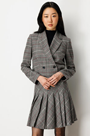 Ekol Kadın Ekoseli Crop Ceket 5075 Siyah