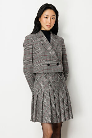 Ekol Kadın Ekoseli Crop Ceket 5075 Siyah