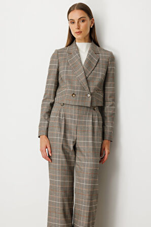 Ekol Kadın Ekoseli Crop Ceket 5075 Vizon