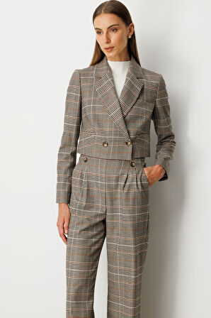 Ekol Kadın Ekoseli Crop Ceket 5075 Vizon