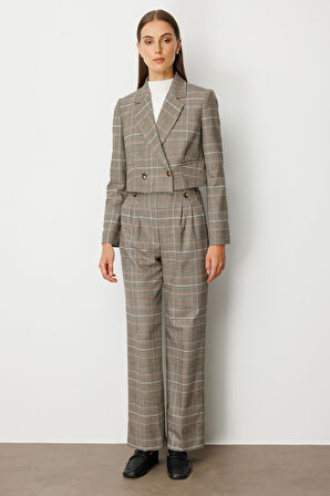 Ekol Kadın Ekoseli Crop Ceket 5075 Vizon