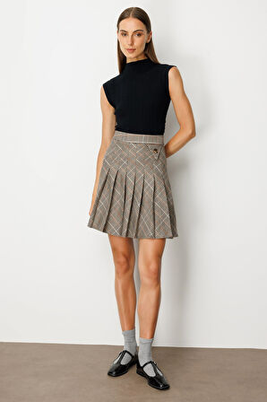 Ekol Kadın Ekoseli Mini Etek 5079 Vizon