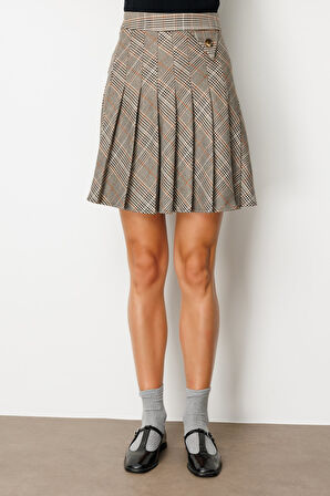 Ekol Kadın Ekoseli Mini Etek 5079 Vizon