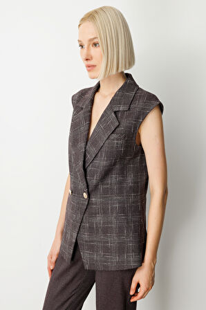 Ekol Kadın Kruvaze Yaka Ekoseli Yelek 5177 Bordo